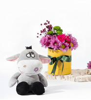 Sarı Saksıda Pembe Papatyalar ve Peluş Eşek