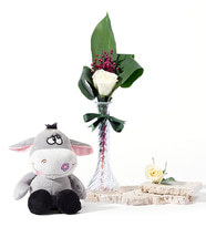 İnce Cam Vazoda Beyaz Gül ve Peluş Eşek