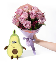 Lila Pembe Bukette 10 Lila Gül ve Avokado Yastık