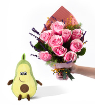 Somon Bukette 9 Pembe Gül ve Avokado Yastık