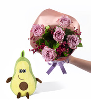 Lila Pembe Bukette 5 Lila Gül ve Avokado Yastık