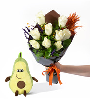 Yeşil Kahve Bukette 9 Beyaz Gül ve Avokado Yastık