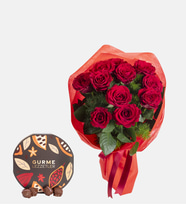 Kırmızı Elyaf Bukette 11 Kırmızı Gül ve Gurme Lezzetler